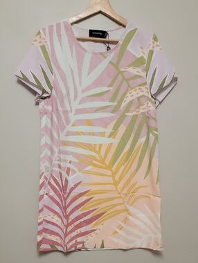 MINKPINK Sz S Pastel Tropical Leaf Short Sleeve Dress Pink, Green, Yellow, Cream